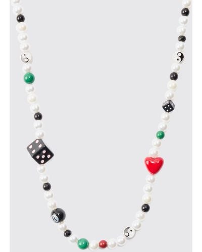 BoohooMAN Mixed Bead & Pearl Dice Necklace - Weiß