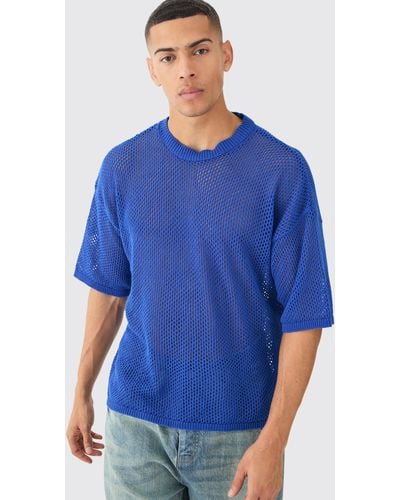 BoohooMAN Oversized Open Stitch T-shirt In Cobalt - Blue