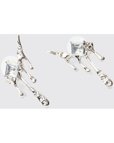 BoohooMAN Pair Of Drip Metal Iced Earrings In Silver - Blue