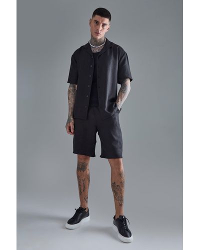 BoohooMAN Tall Short Sleeve Drop Revere Linen Shirt & Short Set In Black - Grey