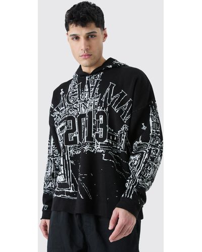 BoohooMAN Oversized All Over Graphic Hoodie - Black