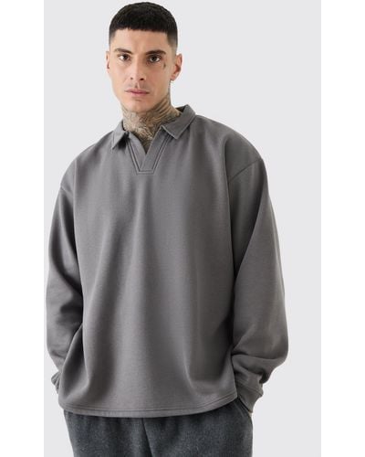 BoohooMAN Tall Oversized Revere Rugby Sweatshirt Polo - Grey