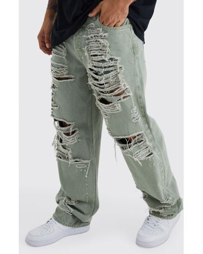 Boohoo Baggy Rigid All Over Ripped Jeans - Green