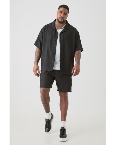 BoohooMAN Plus Oversized Linen Shirt & Short Set In Black