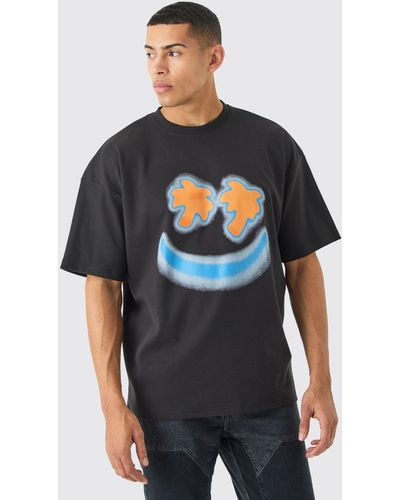 Boohoo Camiseta Oversize Con Estampado Tropical De Interlock Y Estampado De Smiley - Gris