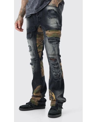 Boohoo Tall Slim Rigid Flare Camo Repair Cargo Jeans - Black