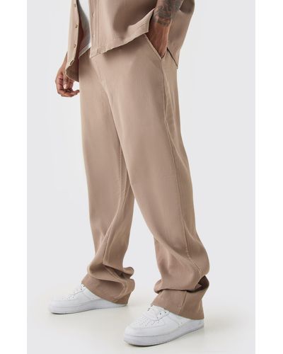 BoohooMAN Plus Elasticated Waist Slim Flare Stacked Pleated Trouser - Natural