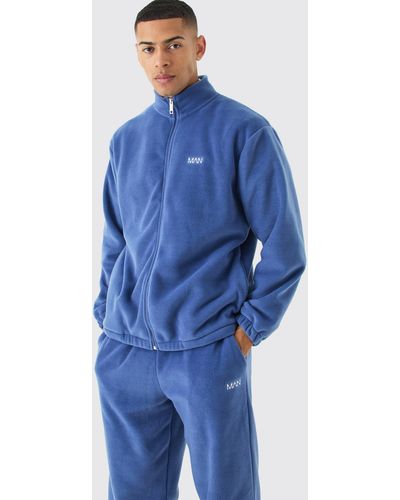 BoohooMAN Man Oversized Zip Through Funnel Neck Fleece Tracksuit - Blau