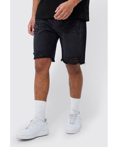 BoohooMAN Tall Relaxed Fit Rigid Multi Rip Denim Short - Blue