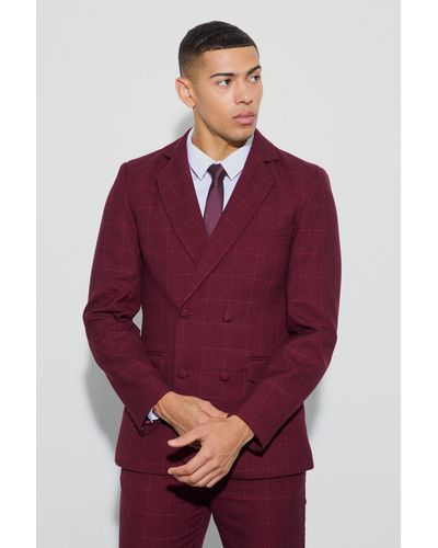 BoohooMAN Window Flannel Double Brested Slim Fit Blazer - Red