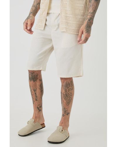 BoohooMAN Tall Elasticated Waist Linen Comfort Shorts In Natural
