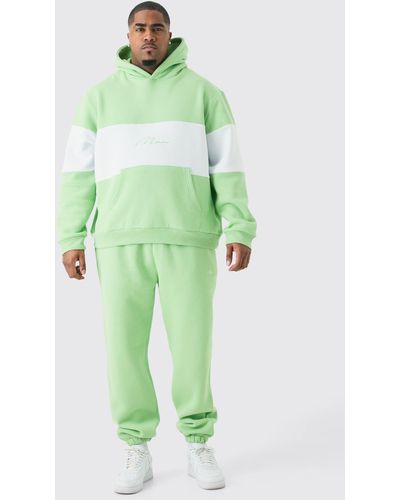 BoohooMAN Plus Colour Block Man Hooded Tracksuit In Sage - Green