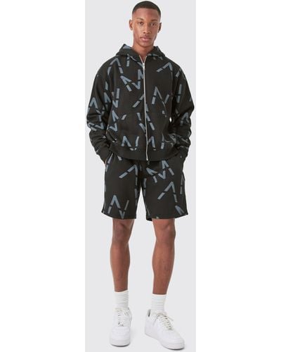 BoohooMAN Oversized Boxy All Over Print Zip Hoodie Short Tracksuit - Black