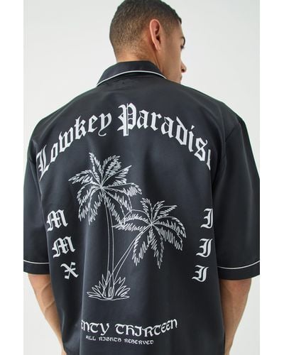 Boohoo Oversized Lowkey Paradise Satin Shirt - Black