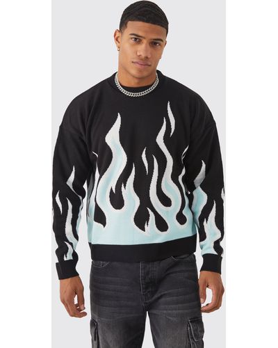 BoohooMAN Boxy Flame Knitted Jumper - Grey