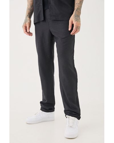 BoohooMAN Tall Elasticated Waist Tapered Linen Trousers In Black