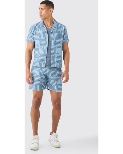 BoohooMAN Revere Collar Boxy Shirt And Short Set In Light Grey - Blue