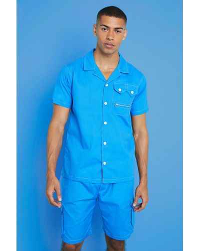 BoohooMAN Short Sleeve Revere Contrast Stitch Shirt & Cargo Short Set - Blue