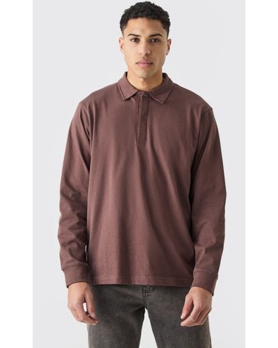 Boohoo Core Heavy Carded Button Up Rugby Polo - Brown