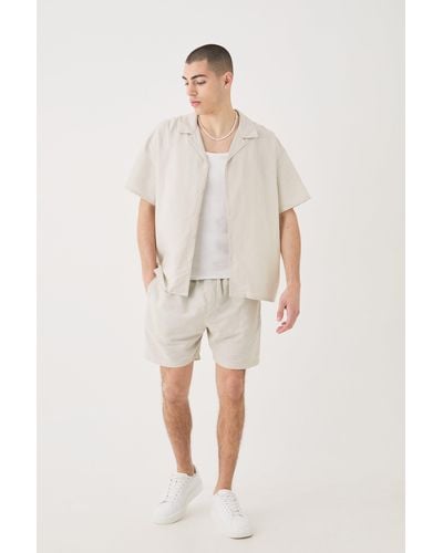 BoohooMAN Short Sleeve Boxy Linen Shirt & Short Set - Natural