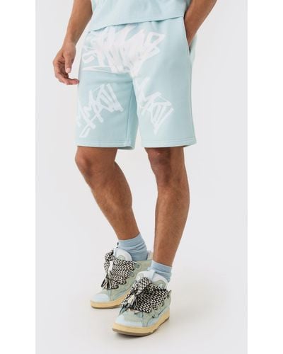 BoohooMAN Loose Fit Graffiti Printed Jersey Shorts - Blue