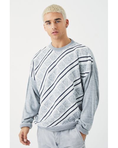 BoohooMAN Extended Neck Monogram Knitted Jumper - Grey