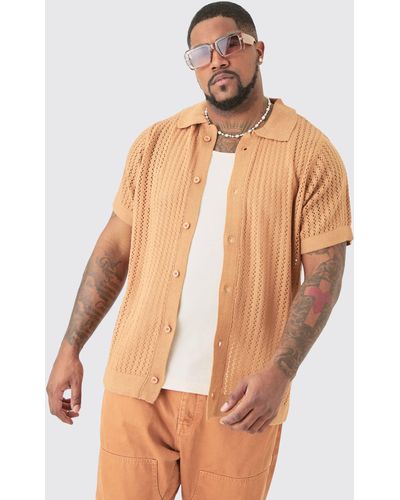 BoohooMAN Plus Open Stitch Short Sleeve Knitted Shirt In Taupe - Brown