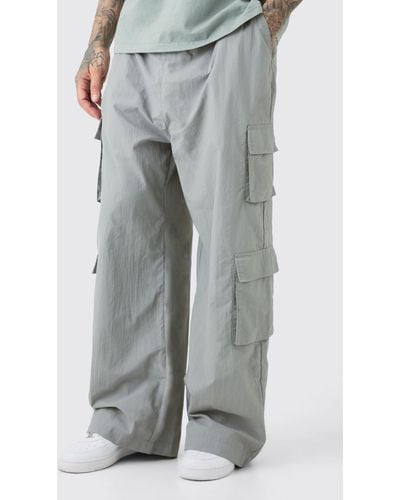 BoohooMAN Tall Multi Pocket Parachute Trousers - Grey