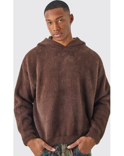Boohoo Fluffy Knitted Boxy Hoodie - Brown