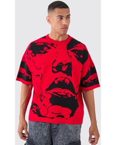 BoohooMAN Oversized Line Drawing Knitted T-shirt - Red