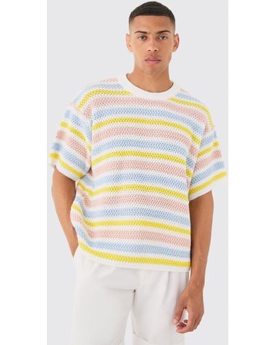 BoohooMAN Oversized Stripe Knitted T-shirt In White
