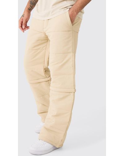 BoohooMAN Elastic Waist Quilted Zip Off Wide Leg Trousers - Natural
