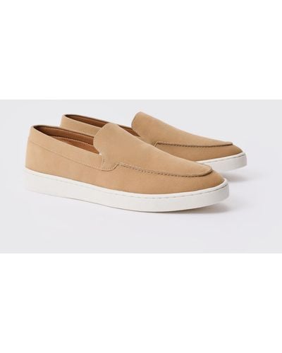 BoohooMAN Faux Suede Slip On Loafer In Beige - White