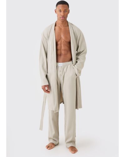 BoohooMAN Waffle Robe & Relaxed Fit Bottoms In Stone - Natural