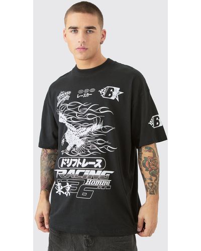 BoohooMAN Oversized Varsity Eagal Print T-shirt - Black