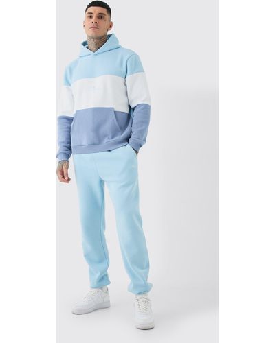 BoohooMAN Tall Colour Block Hooded Tracksuit In Light Blue