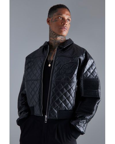 Boohoo Boxy Fit Pu Quilted Collared Bomber - Grey