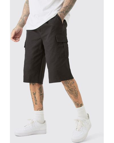 BoohooMAN Tall Elastic Waist Black Relaxed Fit Longer Length Cargo Shorts