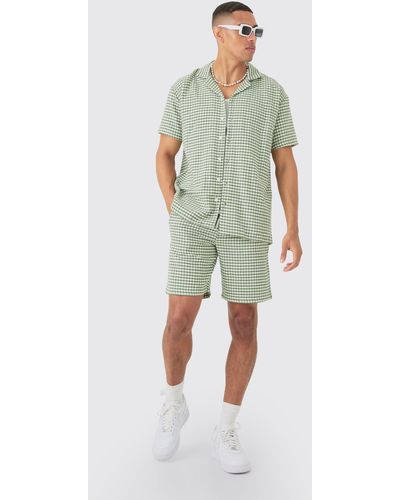 BoohooMAN Short Sleeve Mini Houndstooth Oversized Shirt & Short - Green