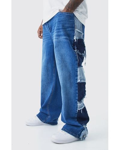 Boohoo Plus Relaxed Rigid Patchwork Side Panel Jeans - Blue