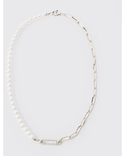BoohooMAN Pearl & Chain Necklace In Silver - White