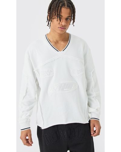 BoohooMAN Oversized Boxy Embroidered Sports Rib Sweatshirt - White