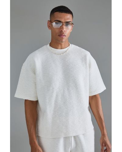 BoohooMAN Oversized Boxy Heavy Boucle Short Sleeve Sweatshirt - White