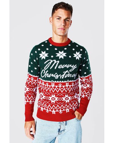 BoohooMAN Tall Merry Christmas Knitted Jumper - Green