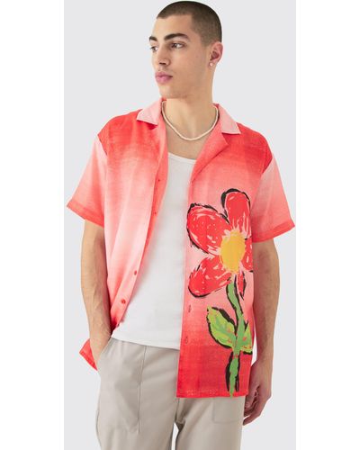 BoohooMAN Oversized Ombre Flower Linen Look Shirt - Red