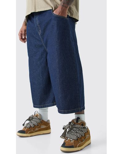 BoohooMAN Plus Long Line Denim Jorts In Indigo - Blue