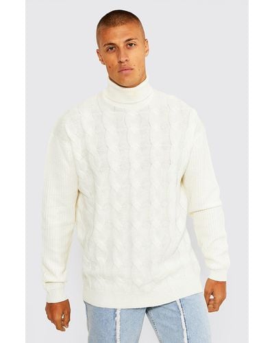 BoohooMAN Oversized Roll Neck Cable Jumper - White
