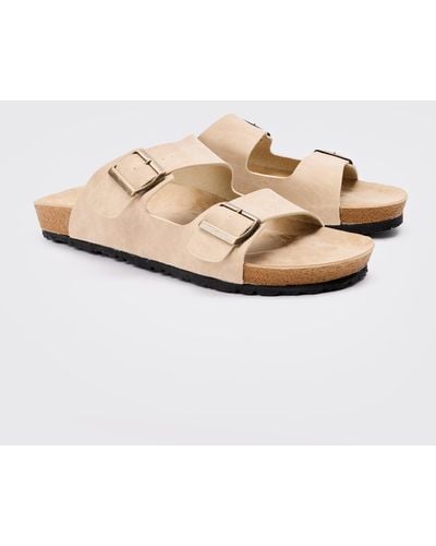 BoohooMAN Faux Suede Double Buckle Sandals In Taupe - Natur