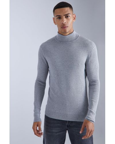 BoohooMAN Muscle Fit Ribbed Roll Neck Sweater - Blue