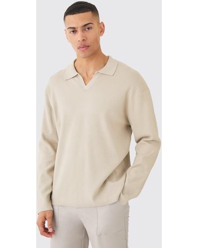BoohooMAN Regular Long Sleeve Knitted Revere Polo - Natur